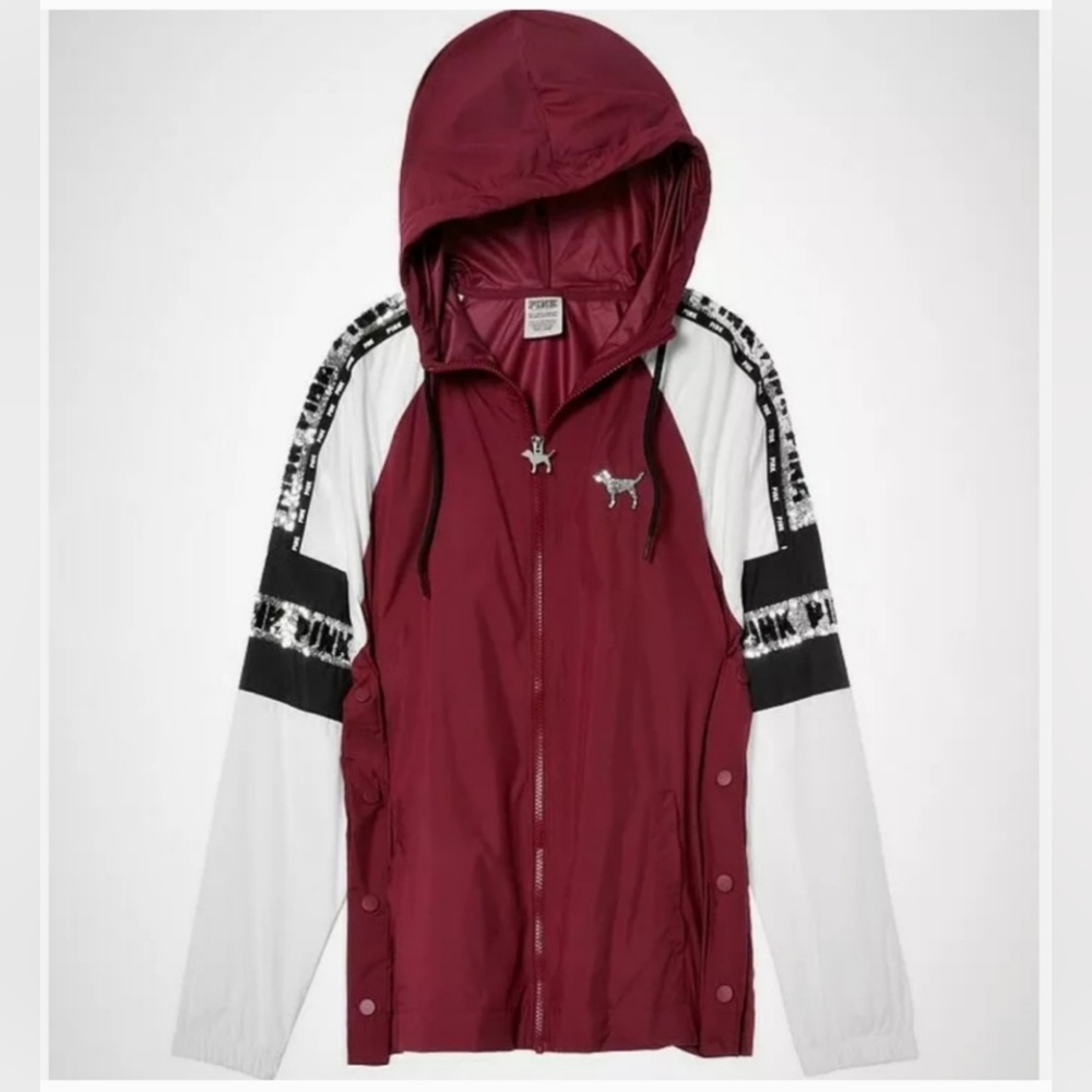 PINK Victoria's Secret Maroon, White & Black Hooded Windbreaker